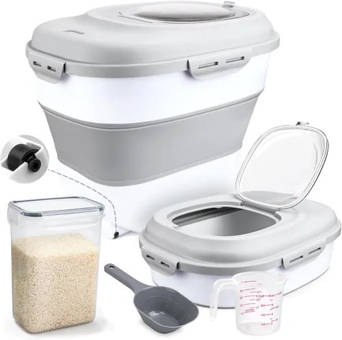 Vista 8 de Komzon Contenedor de cereales para arroz, dispensador de arroz plegable de 13 a 50 libras con tapa transparente, ruedas rodantes, taza medidora