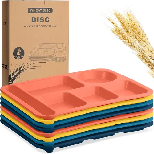 Vista 9 de Pinkunn 8 platos divididos irrompibles grandes de 14 pulgadas para niños y adultos, bandeja de paja de trigo apta para lavavajillas, microondas