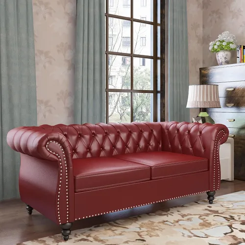 Vista 17 de QHITTY Sofá grande Accent, sofá Chesterfield de 3 plazas moderno de cuero, sofá tapizado con respaldo copetudo para muebles de sala de estar (negro)