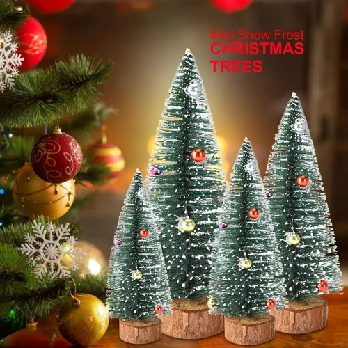 Vista 4 de 3 mini árboles de Navidad artificiales de sisal esmerilado de 5.9 pulgadas, árboles de cepillo para botellas con bases de madera y bolas de adornos