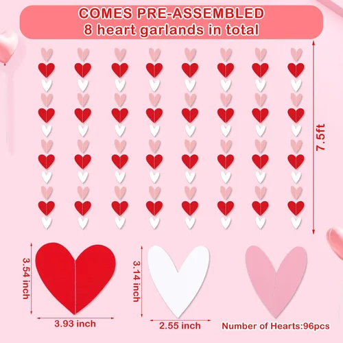 Vista 5 de Guirnalda de corazones rojos y blancos y rosados, no puedes hacerlo tú mismo, suministros de decoración de fiesta del día de San Valentín, guirnalda