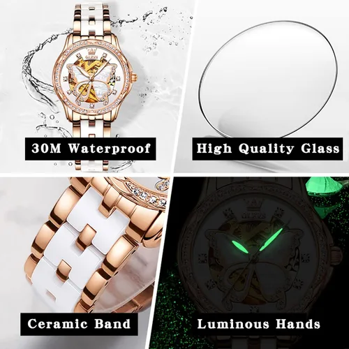 Vista 5 de OLEVS Elegante reloj automático para mujer elegante de cara grande con diamante resistente al agua correa de cerámica de acero inoxidable de dos