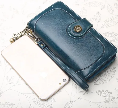 Vista 7 de Cartera con tarjetero para mujer, con bloqueo RFID, gran capacidad, de lujo, cera, embrague, Negro -, Cuero