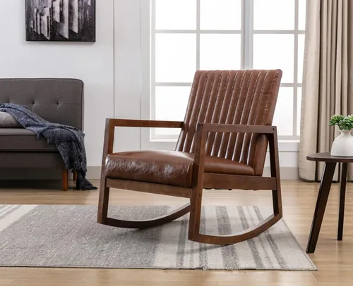 Vista 6 de Juego de 2 mecedoras de piel sintética, modernas de mediados de siglo, cómodas sillas reclinables para habitación del bebé, dormitorio, sala
