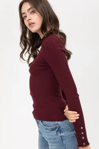 Vista 3 de OLLIE ARNES Suéter de punto de manga larga sólido para mujer, cuello redondo, puños y botones, elástico, 39_Cherrystone