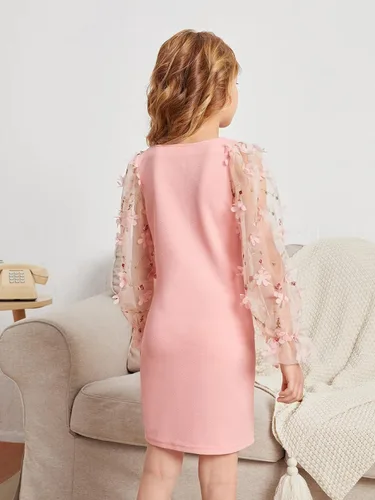 Vista 2 de WDIRARA Vestido de cuello cuadrado con apliques de manga larga con volantes de malla transparente para niña