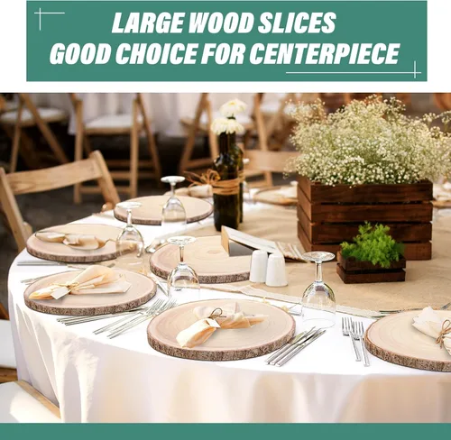 Vista 6 de 20 piezas redondas de madera para centros de mesa, corteza de árbol rústico sin terminar, rebanadas de madera natural para bodas, regalos