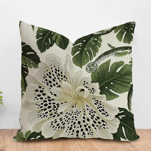 Vista 31 de ArogGeld Funda de cojín con flores verdes y blancas con flores grises y negras y hojas verdes en estilo chinoiserie, funda de almohada cuadrada