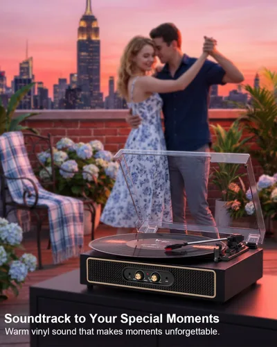 Vista 13 de Tocadiscos retro Bluetooth con altavoces integrados, tocadiscos de 3 velocidades por correa, control de graves y agudos, reproductor de vinilo Negro