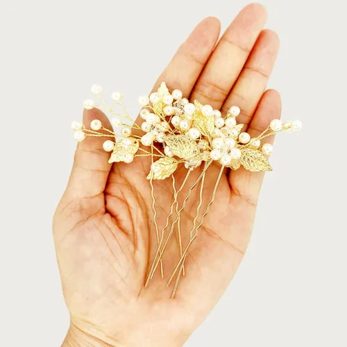 Vista 6 de Juego de 3 horquillas para el pelo de boda con forma de U y hojas doradas, accesorios para la cabeza para novias, mujeres, niñas, fiestas, juego de 3