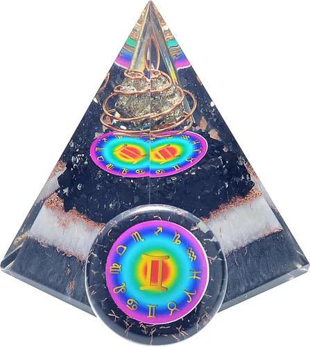 Vista 19 de Juego de pirámide de orgón y piedra de palmera de horóscopo, cristal curativo de acuario, signo del zodiaco, hecho de pirita y angelita para calma
