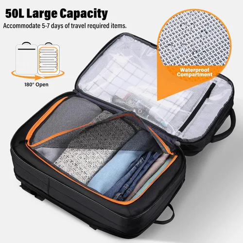 Vista 4 de HOMIEE Mochila de viaje de 22 x 14 x 9 aprobada por aerolíneas de 50 L, mochila de viaje extragrande expandible para laptop, color negro