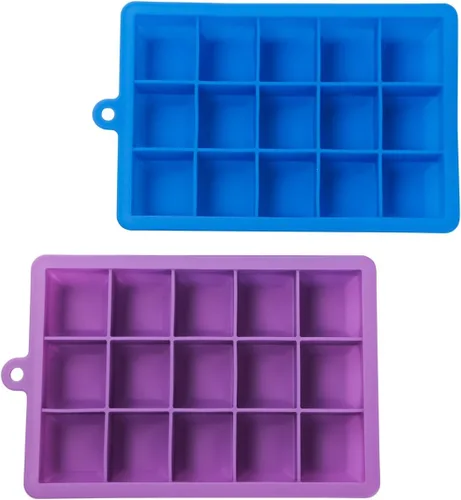 Vista 5 de Bandejas cuadradas de silicona para cubitos de hielo con tapas, paquete de 2, 15 moldes de cavidad para hielo