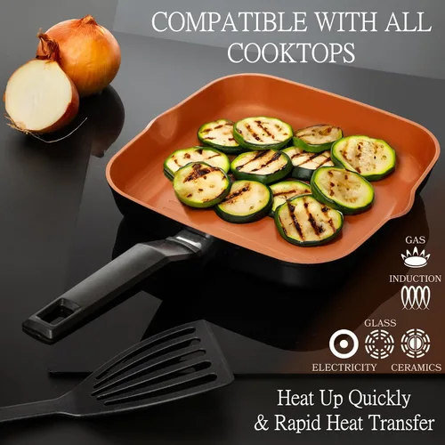 Vista 4 de Moss & Stone Sartén Cuadrada para Parrilla para Cocinar en Interiores, Sartén de Freír de 9.5 Pulgadas de Cobre Antiadherente para Saltear y Freír