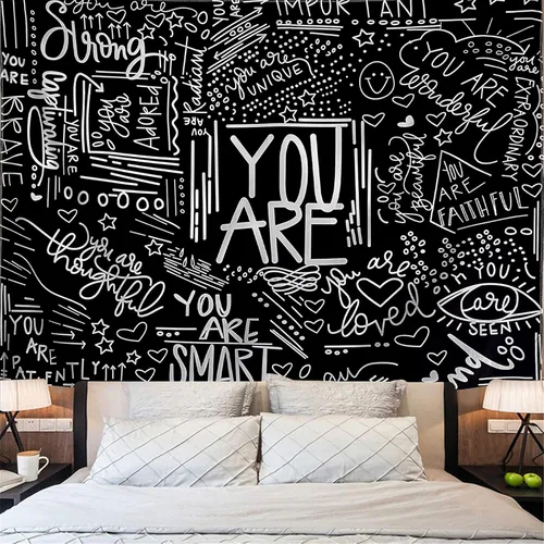 Vista 2 de KJHL Quote You Are - Tapiz de pared en blanco y negro inspiracional para aula, tapices infantiles para colgar en la pared, afirmaciones
