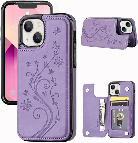 Vista 10 de Funda tipo cartera compatible con iPhone 13, funda protectora delgada con tarjetero, cuero PU con soporte y ranuras para tarjetas con un cristal