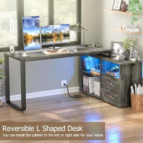 Vista 4 de Homieasy Escritorio en forma de L con archivador y toma de corriente, escritorios reversibles de esquina grandes de 55 pulgadas con tira LED