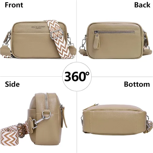 Vista 3 de Bolso cruzado para mujer, cuero auténtico, correa ancha, bolso de hombro, diseño moderno, bolso cruzado con cremallera superior