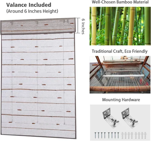Vista 4 de Persianas romanas de bambú con cenefa, varillas de lino, inalámbricas, opacas, personalizadas, opacas, para oscurecer la habitación, persianas
