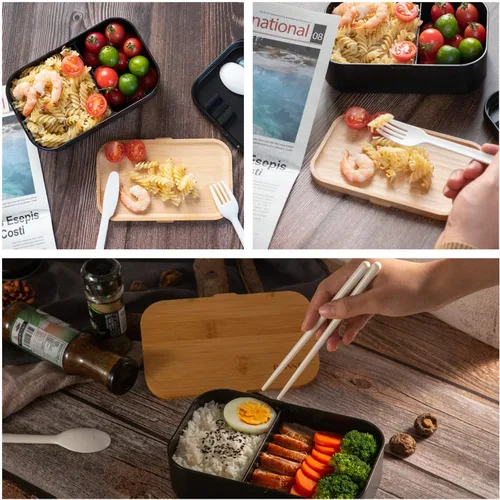 Vista 9 de Lonchera Bento para adultos, tapa de bambú natural, cubiertos y palillos, lonchera para mujeres, apta para microondas, lavavajillas, sin BPA, a Negro