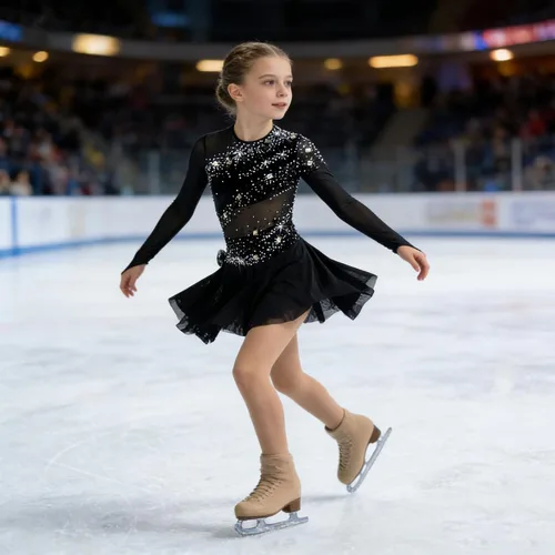 Vista 2 de LIUHUO Vestido de patinaje artístico - Vestido de terciopelo negro para competición de niñas