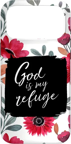 Vista 22 de God is My Refuge - Carcasa para iPhone 16, diseño de flores rojas con versículo bíblico del Salmo 91