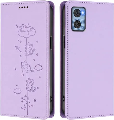 Vista 11 de Wallet Phone Case for Moto E22 4G Cover, Playful Cat PU Leather Phone Cover with 2 Card Slots & Hidden Flip Kickstand, TPU Shockproof Protective