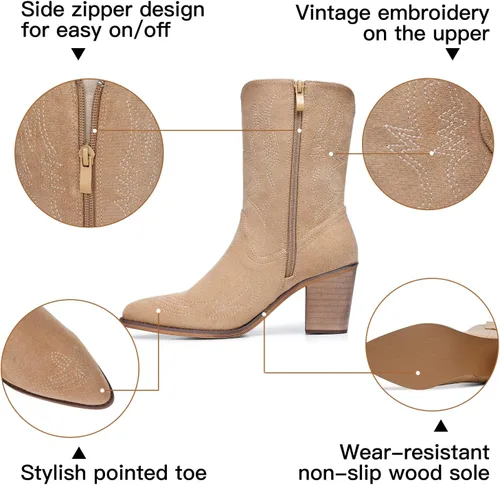 Vista 3 de SHIBEVER Botas vaqueras para mujer, de pantorrilla ancha, con bordado occidental, botas vaqueras con puntera puntiaguda
