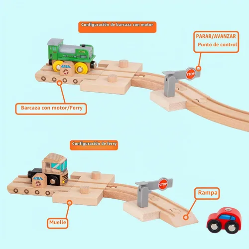 Vista 3 de Paquete de expansión de vías de tren de madera de 68 piezas con puente arqueado, barcaza de locomotora, muelle, punto de control de parada y salida