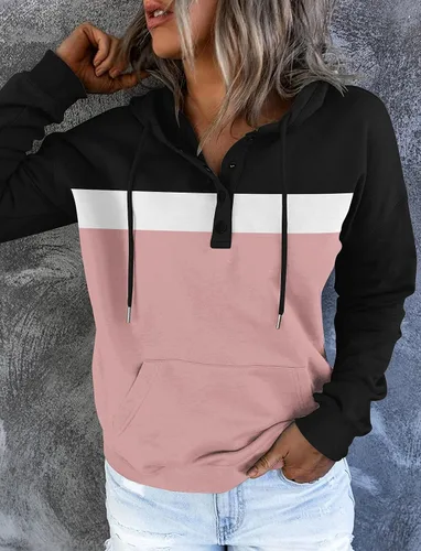 Vista 2 de Sudaderas casuales con capucha de bloque de color para mujer, de manga larga, con botones, cordón y bolsillo, negro, (1#BlackPP)