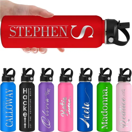 Vista 12 de Botellas de agua personalizadas con tapa de pajilla, botella de agua personalizada de 24 onzas, botella de agua aislada con grabado láser con Morado
