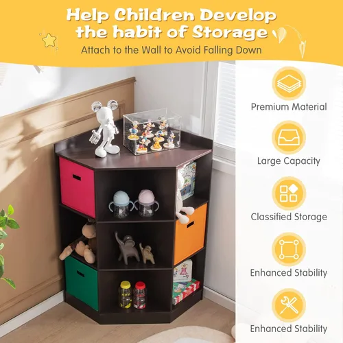 Vista 7 de HONEY JOY Organizador de almacenamiento de juguetes para niños, armario de almacenamiento de 9 cubos de juguetes con estante de exhibición y 3