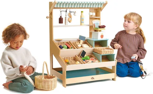 Vista 3 de Tender Leaf Toys - Cesta de mariscos - 6 piezas de mariscos de madera con cesta de mimbre hecha a mano, juego de comida de simulación, supermercado