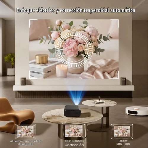 Vista 4 de Proyector, Proyector inteligente con WiFi y Bluetooth, Aplicaciones integradas, Enfoque automático y Keystone, Soporte nativo 1080P, Proyector mini