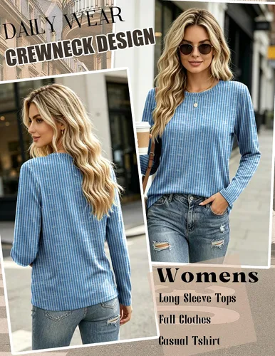 Vista 5 de Zeagoo Paquete de 3 camisetas de manga larga para mujer, estilo casual, suave, cuello redondo, básicas, ropa de otoño Z Rayas Azul 273