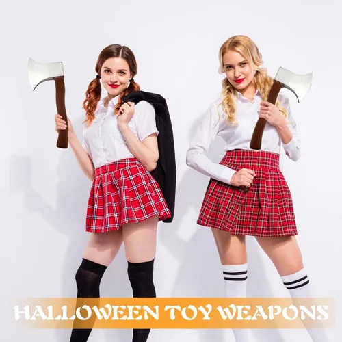 Vista 4 de 4 piezas de juguete de hacha de espuma marrón falso hacha realista hacha para adultos y niños, suministros de fiesta de disfraces de Halloween