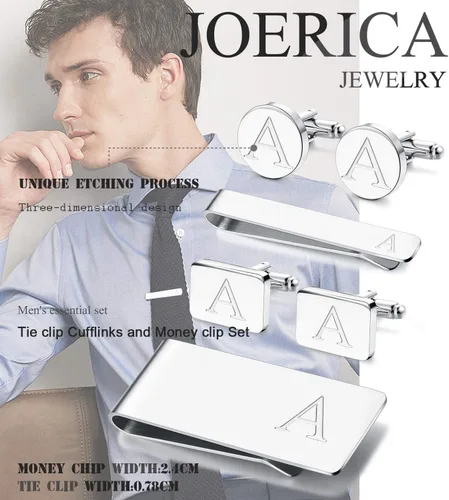 Vista 6 de JOERICA Juego de 6 gemelos grabados con inicial, barra de corbata, clip para dinero, camisa con letras del alfabeto, cartera y gemelos, Cobre