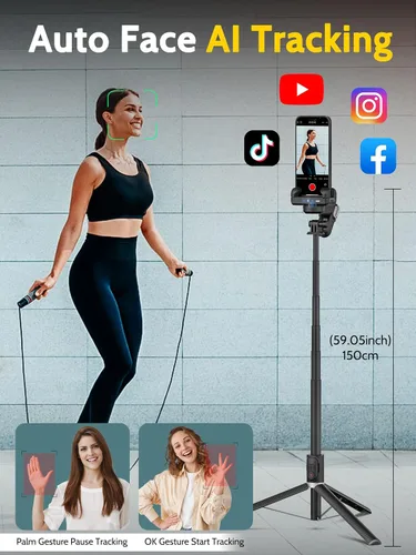 Vista 3 de AOCHUAN Trípode de seguimiento facial automático con rotación de 360 grados con luz RGB, cardán de teléfono de un solo eje para iPhone Android