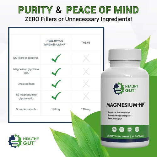 Vista 3 de Healthy Gut Magnesio-HP Cápsulas de glicinato de magnesio ultra puro con cero rellenos 180 mg de glicinato de magnesio 60 porciones