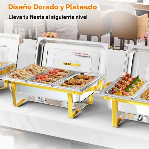 Vista 7 de ROVSUN Platos dorados para bufé, juego de bufé de 9 cuartos con tapa de vidrio, servidores y calentadores de bufé de acero inoxidable con marco