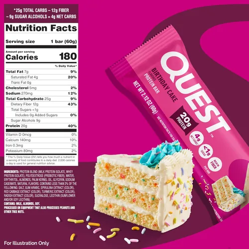 Vista 3 de Barras de proteínas Quest Nutrition Pastel de Cumpleaños, 20g de proteína, 1g de azúcar, 4g de carbohidratos netos, sin gluten, aptas para ceto, 12