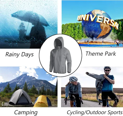 Vista 6 de COOFANDY Chaqueta impermeable unisex plegable, ligera, impermeable, con capucha, para correr, senderismo, ciclismo