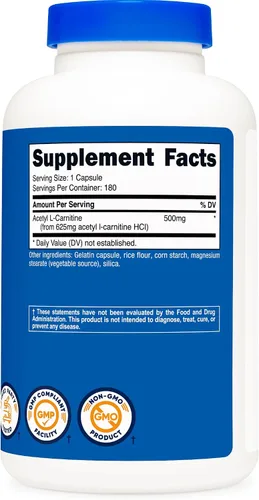Vista 5 de Nutricost Acetil L-carnitina 500 mg, 180 cápsulas - Sin OMG y sin gluten (2 botellas)
