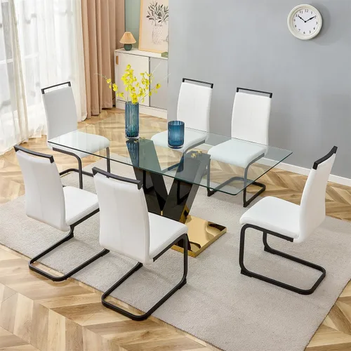 Vista 9 de Juego de mesa de comedor de cristal de 71 pulgadas para 4, juego de mesa de cocina moderno para 4, juego de mesa de comedor para el hogar
