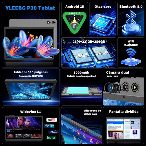 Vista 3 de Tableta Android 15 de 10 pulgadas 2026 con teclado, 26 GB+256 GB, expansión de 2 TB, tablet PC Gemini AI con octa-Core, 8000 mAh, WiFi 5G, GPS, GMS