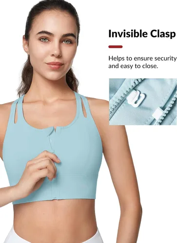 Vista 5 de Yvette Sujetadores deportivos para mujer de alto impacto con cremallera frontal, brasier deportivo de alto soporte, busto grande para entrenamiento