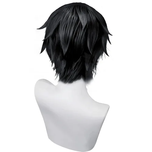 Vista 5 de Fenspeed Peluca negra para hombres y mujeres, peluca corta negra para hombre, peluca de cosplay en capas, peluca negra esponjosa para fiesta