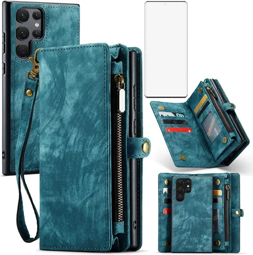 Vista 9 de Asuwish Funda de teléfono para Samsung Galaxy S22 Ultra 5G con cremallera, protector de pantalla de vidrio templado y tarjetero abatible, accesorios