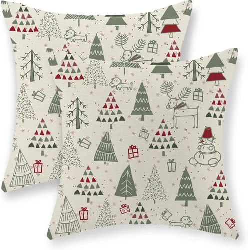 Vista 30 de Juego de 2 fundas de almohada navideñas de 16 x 16 pulgadas, fundas de almohada de lino color rojo con diseño de alces y ciervos de invierno