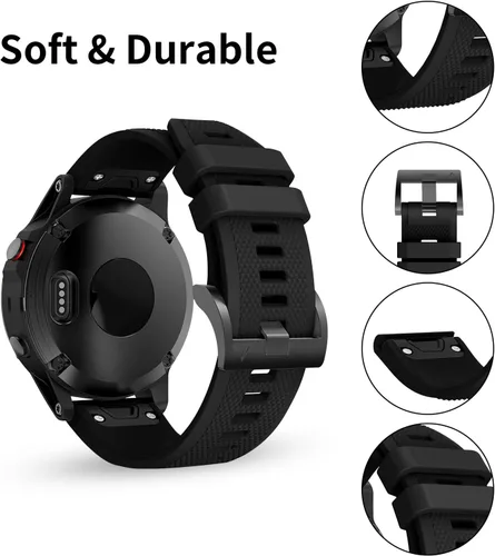 Vista 4 de Correa de reloj compatible con Fenix, correa de reloj Garmin de 0.866 in, silicona suave, repuesto para Fenix 5/5 Plus/6/6 Pro/7/Forerunner Negro